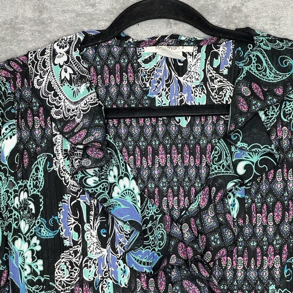 Roamans 16W XL Shirt Top Black Green Paisley Button Up Bell 3/4 Sleeve V Neck - Picture 2 of 8